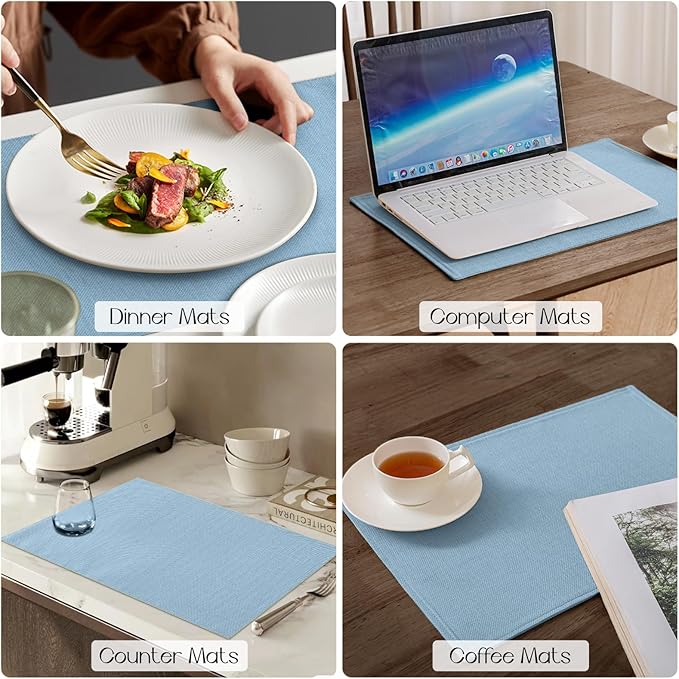 Romanstile Cloth Placemats Set of 8-12 x 18 Inch, Heat Resistant Double Layered Thickened Burlap Place Mats, Washable Faux Linen Farmhouse Table Mats for Kitchen/Dining/Party/Outdoor, Blue