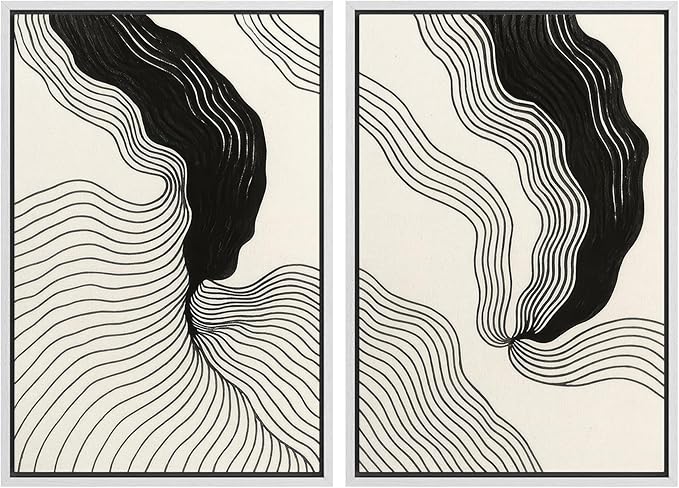 SIGNWIN Framed Canvas Print Wall Art Set Abstract Black Line Flow Minimalist Modern Art Minimal Boho Relax/Calm for Living Room, Bedroom, Office - 16"x24"x2 White