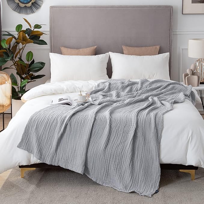 EMME Cotton Blanket Queen Size for Bed Soft Large Muslin Bed Blankets 90"x90" Lightweight Breathable Blanket All Season Gauze, Light Grey