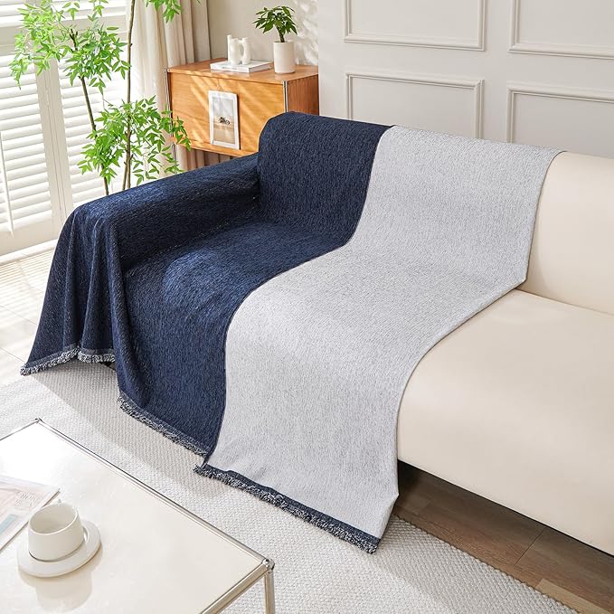 DREAMINGO Couch Cover 91x118 Inch for 2 Cushion Loveseat Thick Chenille Sofa Covers Washable Modern Furniture Protector Couch Cover Blanket Navy Blue Slipcovers for Sectional L Shaped