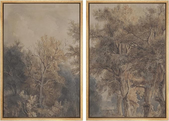 SIGNWIN Framed Canvas Print Wall Art Set Vintage Tree Sketch Classic Sepia-Toned Forest Illustrations Modern Art Scenic Colorful for Living Room, Bedroom, Office - 24"x36"x2 Natural