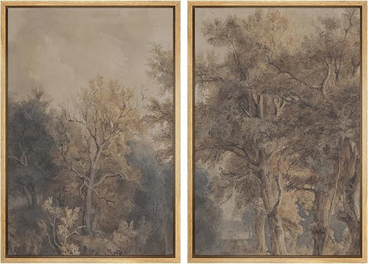 SIGNWIN Framed Canvas Print Wall Art Set Vintage Tree Sketch Classic Sepia-Toned Forest Illustrations Modern Art Scenic Colorful for Living Room, Bedroom, Office - 24"x36"x2 Natural