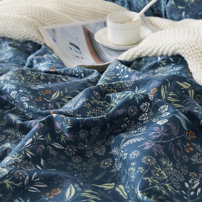 HoneiLife Duvet Cover Sets Twin - 100% Cotton Floral Comforter Cover, 2-PCS Breathable Bedding Set with Zipper Closure & Corner Ties, Wildflower Duvet Cover for All Season Use,Blueblack, King