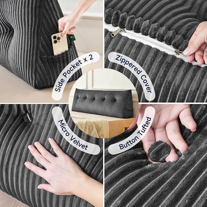 Z-hom King Headboard Pillow, Triangular Wedge Reading Pillow for Bed or Sofa, Ergonomic Backrest Cushion for Sitting Up, Reading or Relaxing, with Side Pocket，Removable Washable Cover,Grey