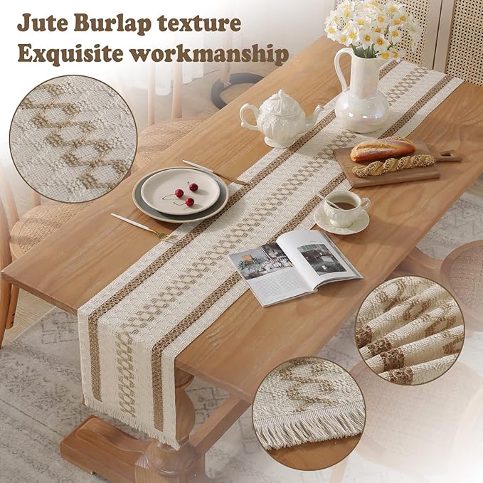 Boho Burlap Macrame Table Runner, Farmhouse Style Cotton Linen Rustic Woven Table Runner with Tassels for Dining, Wedding, Bridal Shower, Bohemian (12x108 inch, Coffee Lines)