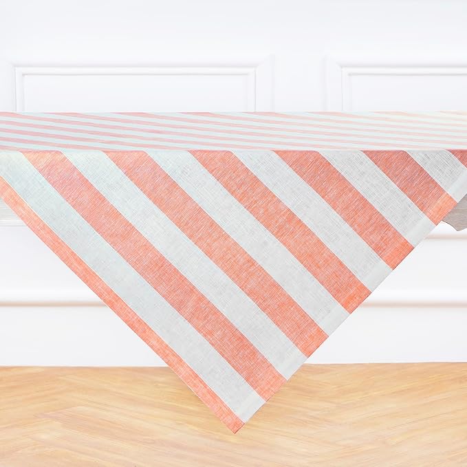 Solino Home Linen Tablecloth 52 x 52 Inch - Cabana Stripe, 100% Pure Linen Salmon and White Square Tablecloth - Machine Washable Table Throw