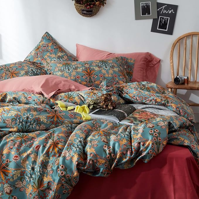 mixinni Vintage Style Garden Flower Queen Duvet Cover with Zipper Closure Soft Long Staple Percale Cotton Vibrant Pattern on Flower Bedding Quilt Cover Set(Queen, All Season)