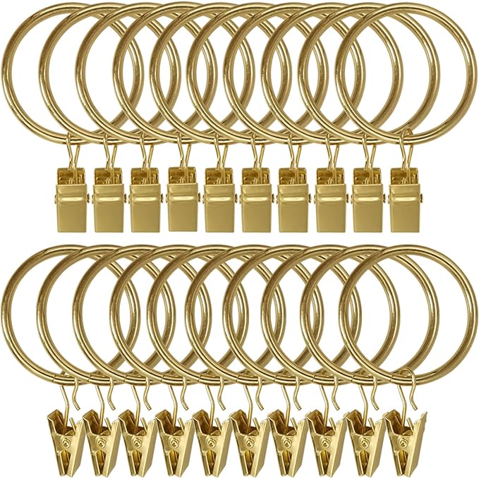 20 Pack Metal Curtain Rings with Clips, Curtain Clip Rings Hooks for Hanging Drapery Drapes Bows, Curtain Rod Rings 1.5 inch Interior Diameter, Gold