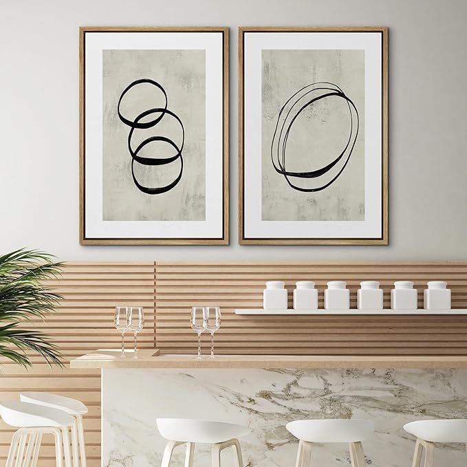 SIGNWIN Framed Canvas Print Wall Art Set Black Tan Ring Spiral Collage Abstract Shapes Cozy Neutral Modern Art Decorative Nordic Multicolor for Living Room, Bedroom, Office - 24"x36"x2 Natural