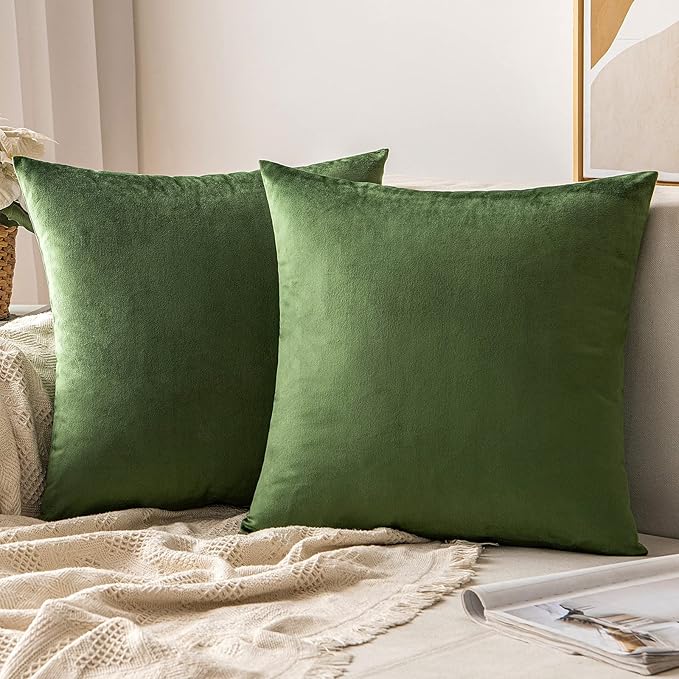 MIULEE 24x24 Inch Euro Sham Velvet Pillow Covers, Set of 2 Large Square Decorative Pillows -Moss Green Super Soft for King Bed, Sofa, Couch, Accent Chairs with Hidden Zipper