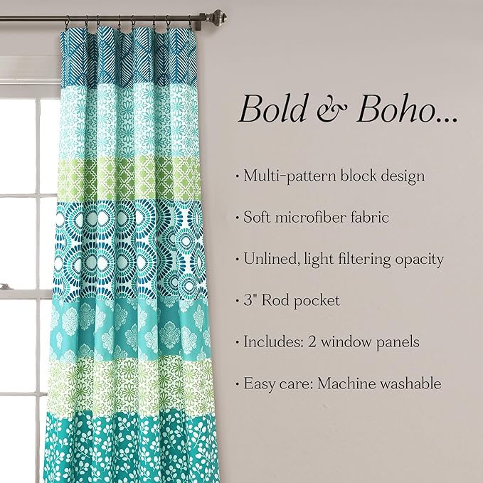 Lush Decor Bohemian Stripe Window Curtain Panels, Pair, 52" W x 108" L Blue & Green - Light Filtering Curtains for Bedroom - Boho Curtains - Maximalist Decor