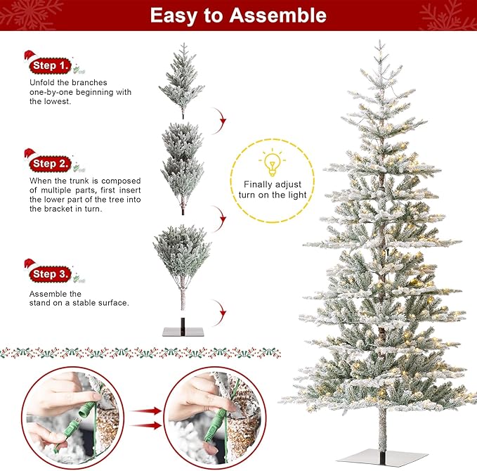 Glitzhome Christmas Tree with Lights, 8ft Deluxe Flocked Artificial Prelit Christmas TRE with 1523 PE&PVC Branch Tips, Majestic Frostfall Fir Hinged Xmas Tree w/450 Warm White Lights, Easy Assembly