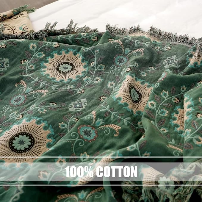 Boho Throw Blanket for Bed 100% Cotton Ultra Soft Rustic Quilt Fall Blanket Floral Printed Farmhouse Decor Bed Blankets,60"×80" All Season Rustic Throw for Sofa Couch Chair