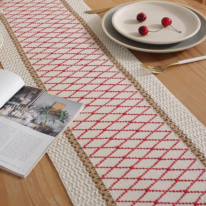 Boho Burlap Macrame Table Runner, Farmhouse Style Cotton Linen Rustic Woven Table Runner with Tassels for Dining, Wedding, Bridal Shower, Bohemian (12x108 inch, Red Grid)