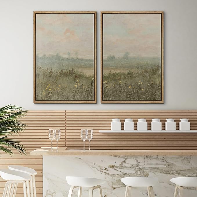 SIGNWIN Framed Wall Art Print Set Serene Meadow at Dawn Soft Impressionist Landscape Illustrations Minimal Decorative Nordic Zen Bohemian for Living Room, Bedroom, Office - 16"x24"x2 Natural