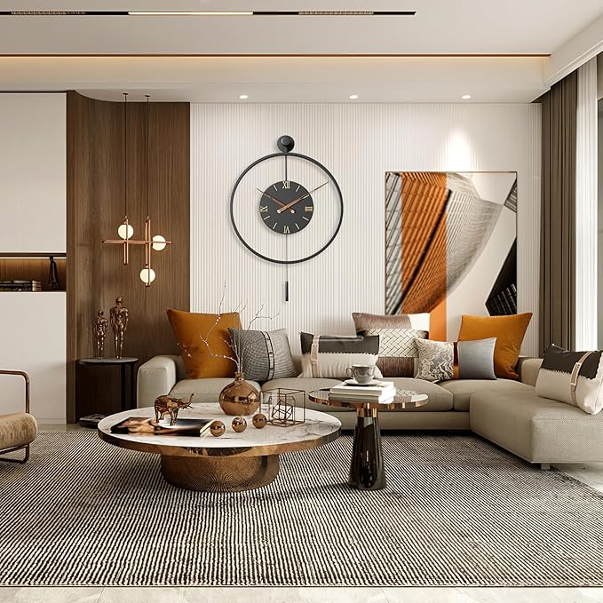 30.7×20 Inch Large Modern Decorative Wall Clocks for Living Room,Big Metal Minimalist 3D Roman Numeral Dial,Farmhouse Pendulum Wall Clock With Elegant Walnut Pointers for Office,Dining Room Decor