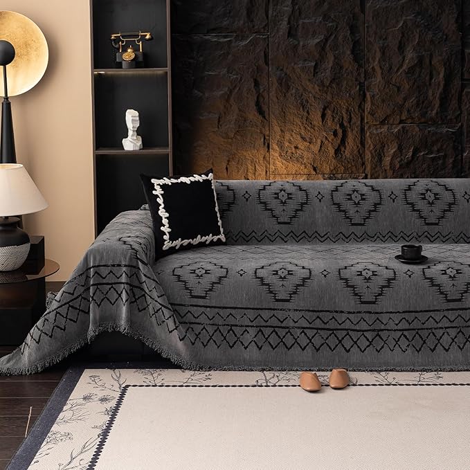 VClife Couch Cover Sofa Cover Washable Sofa Protector, Non Slip Couch Covers for 3 Cushion Couch Sofa Modern Tribal Pattern Sofa Slipcover Dog Furniture Protector, Soft Chenille, Dark Gray, 71"X150"