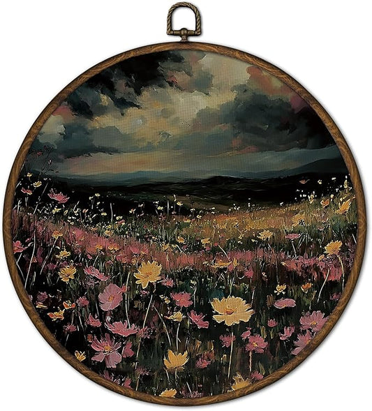 cvjutf Dark Academia Wildflower Wall Art Decor Framed, Vintage Moody Dark Cottagecore Floral Round Wall Decor, Rustic Country Flower Landscape Canvas Prints Art for Home Bedroom Living Room, 10x10In