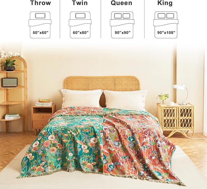 Boho Throw Blanket for Bed Cotton Blankets Twin Size for Bedroom Living Room All Season Lightweight Floral Embroidery Quilt for Couch Sofa Chair 60"x80"