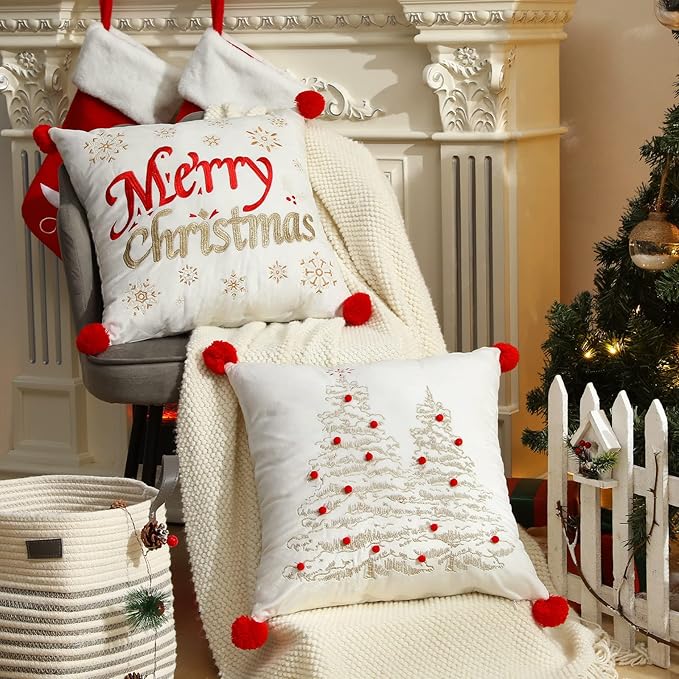 Lewondr Christmas Throw Pillow Covers, 2 Pack Christmas Letter Snowflake Christmas Tree Embroidery 18x18 Pillowcases Home Xmas Decorative Soft Cushion Covers for Sofa Bed Chair