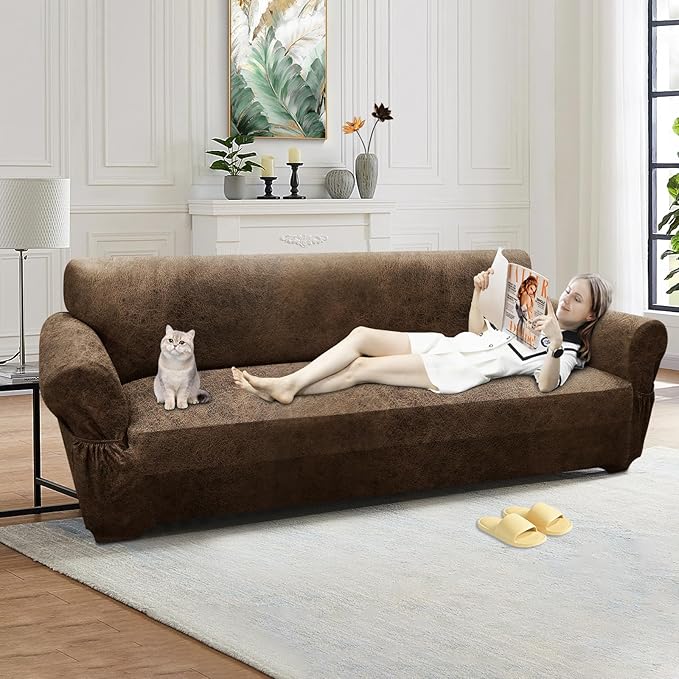 Oversized Sofa Slipcover Leather Look Couch Cover for 4 Seater Sofa 1-Piece Sofa Cover Stretch Furniture Protector with Elastic Bottom & Pockets(XL Sofa, Light Brown)