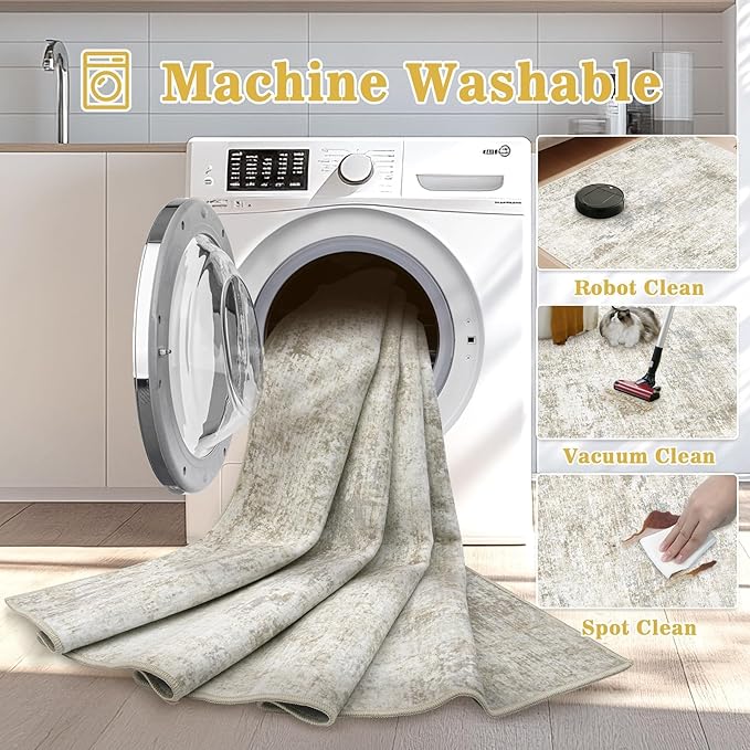 5x7 Washable Area Rug for Living Room: Modern Abstract Rugs Soft Non-Slip Low-Pile Indoor Floor Carpet for Bedroom, Dining Room, Nursery (BeigeBrownBlue, 5'x7')