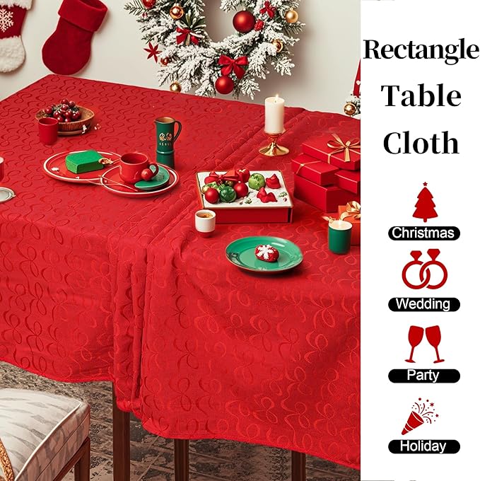 Holiday Christmas Tablecloth 60 x 84 inch (6-8 Seat), Table Cloths for 6 Foot Rectangle Tables, Cotton-Polyester Blend, Table Cover for Christmas & Wedding, Red with Bowties Jacquard (1 Pack)