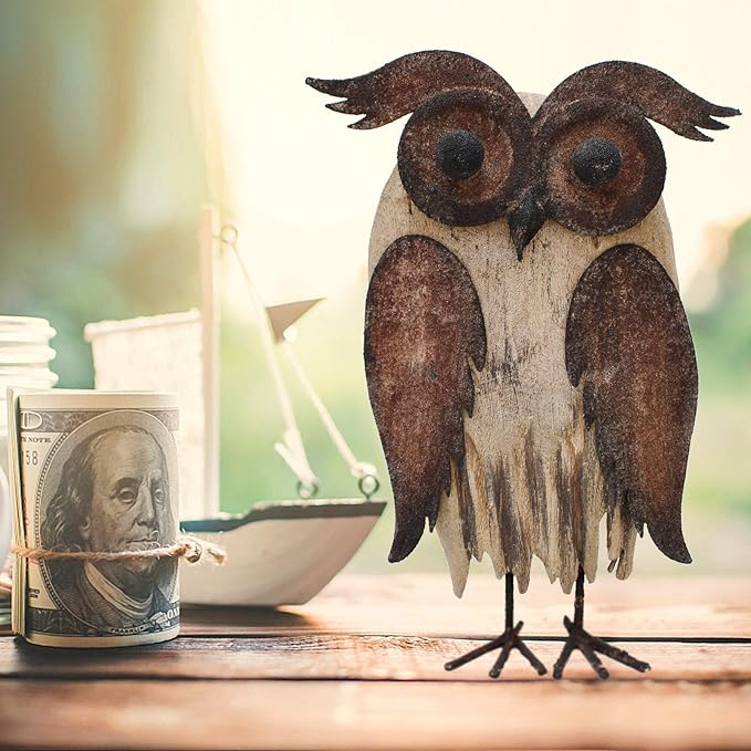 K KILIPES Rustic Owl Decorations for Home Decorative Wood Owl Figurine Statues Night Owl Tabletop Ornaments Collectible Sculptures (8.5" H A)