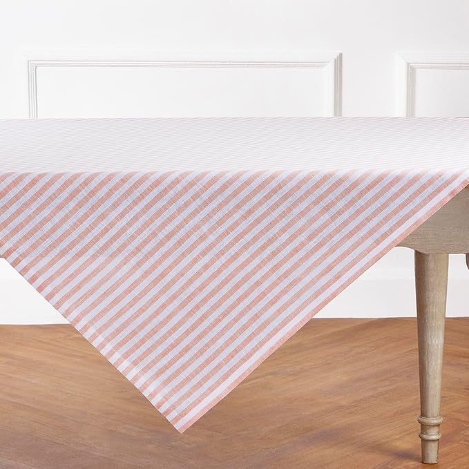 Solino Home Linen Tablecloth 52 x 52 Inch - Amalfi Stripe, 100% Pure Linen Coral and White Square Tablecloth - Machine Washable Table Throw