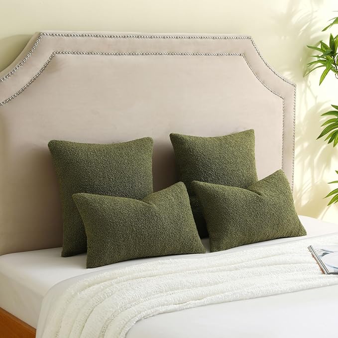 FUTEI Pack of 2 Moss Green Decorative Throw Pillow Covers 26x26 Inch Soft Cozy Solid Boucle Textured Euro Pillow Shams,Modern Home Decor for Couch Bed Living Room