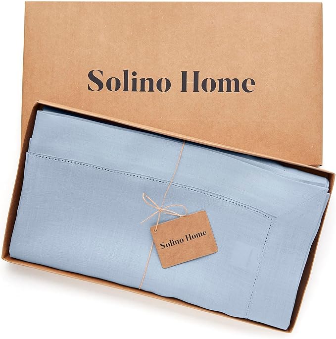 Solino Home Linen Tablecloth for Rectangle Tables 60 x 132 Inch - Classic Hemstitch 100% Pure Linen Sky Blue Table Cloth - Machine Washable Cloth Tablecloth for Christmas