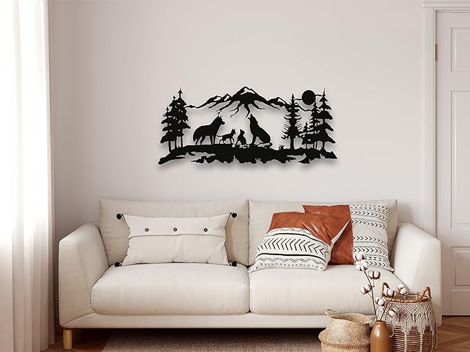 DEKADRON Metal Wall Art, Metal Wolves Family Art, Nature Wall Art, Wolf, Mountain and Tree Decor, Metal Wall Decor (24" W x 10" H / 60x26 cm)