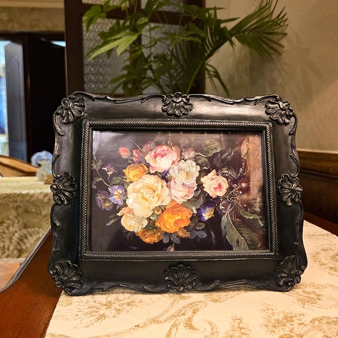 SYLVIA'S SHOP 5x7 Vintage Picture Frame, Antique Black Ornate Photo Frame, for Tabletop and Wall Display, Decorative Floral Design Retro Home Decor, Photo Gallery Art