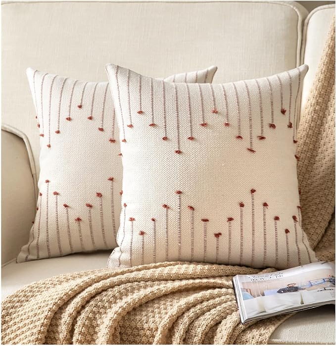 Caflife Boho Throw Pillow Covers 20x20 Set of 2 Decorative Pillows for Bed, Neutral Pillow Covers Beige with Rust Line Throw Pillows for Modern Farmhouse Couch Sofa Living Room Outdoor