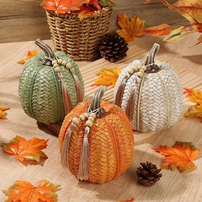 Hollyone Pumpkins Fall Decoration, 3 Pack Woven Resin Pumpkins Decorative Autumn Fake Pumpkin for Home Thanksgiving Harvest Halloween Wedding Table Centerpiece Shelf Indoor Outdoor Porch Decor