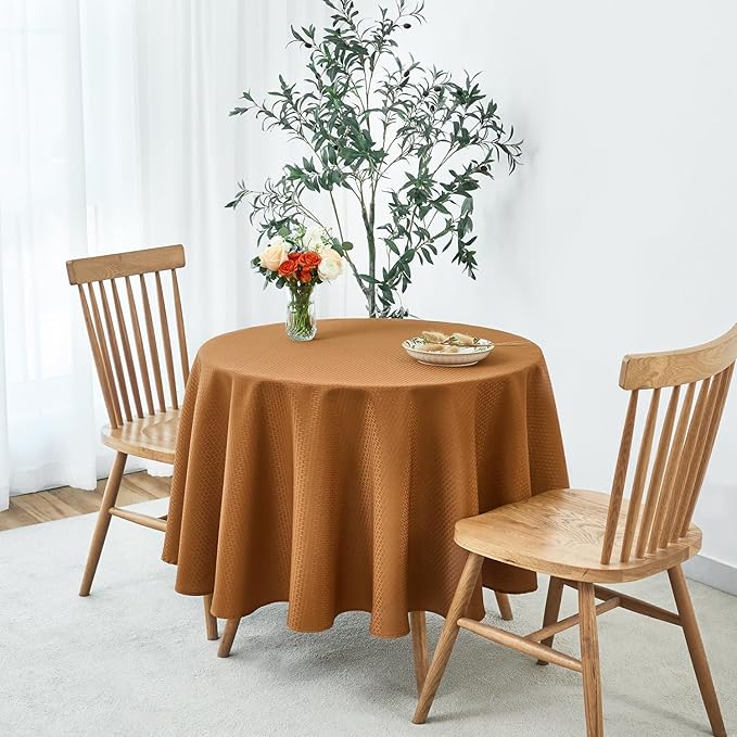 maxmill Fall Tablecloth Weaved Texture Design Stain Resistant Waterproof Anti-Shrink Spillproof Washable Soft Table Cloth for Dining Room Harvest Thanksgiving Parties, Round 70 Inch, Amber