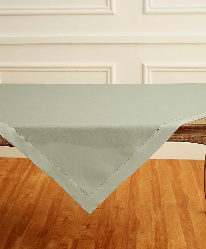 Solino Home Sage Green Linen Tablecloth 52 x 52 Inch - 100% Pure Linen Square Table Throw - Classic Hemstitch, Machine Washable Table Cloth for Fall, Autumn, Thanksgiving, Christmas, Winter
