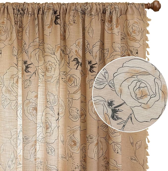OYX Boho Floral Semi-Blackout Curtains for Bedroom, 2 Panels 52x63 Inches, Grey Rose Vintage Country Pattern with Tassels, Rod Pocket Design, Farmhouse Window Treatments