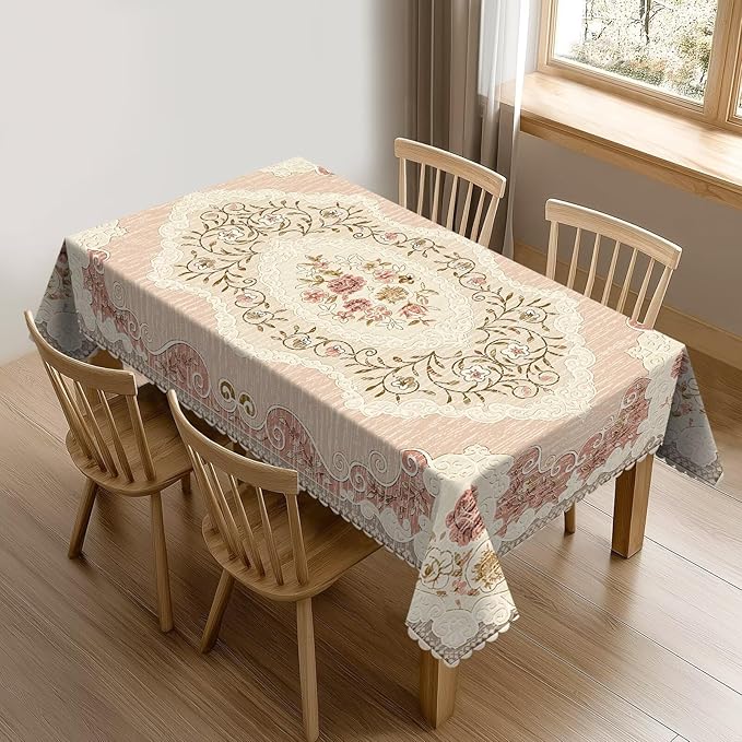 Boho Floral Pink Tablecloth for Dining Tables, Reusable Vintage Country Flowers Leaves Table Cloth Decor Retro Floral Rectangle Table Cover for Home,Kitchen,Holiday,Party, 54x72 Inch