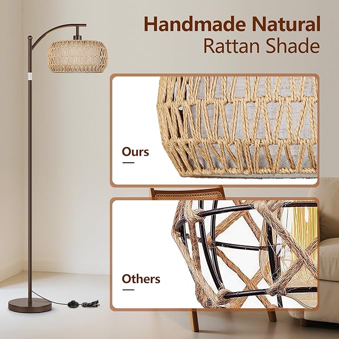 ROTTOGOON Rattan Floor Lamps for Living Room, Boho Standing Lamps with Rattan& Linen Double Shades, Arc Lamps Floor Standing with 9W Bulb, Foot Switch, Bohemian Floor Lamps for Bedroom, Office-Brown