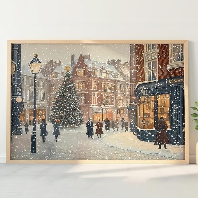 OZCONO Vintage Christmas Town Artwork for Holiday Home Decor, Snowy Winter Street Scene Wall Art, Classic Christmas Village Painting, Cozy Seasonal Winter Decoration (Unframed) (9x11)