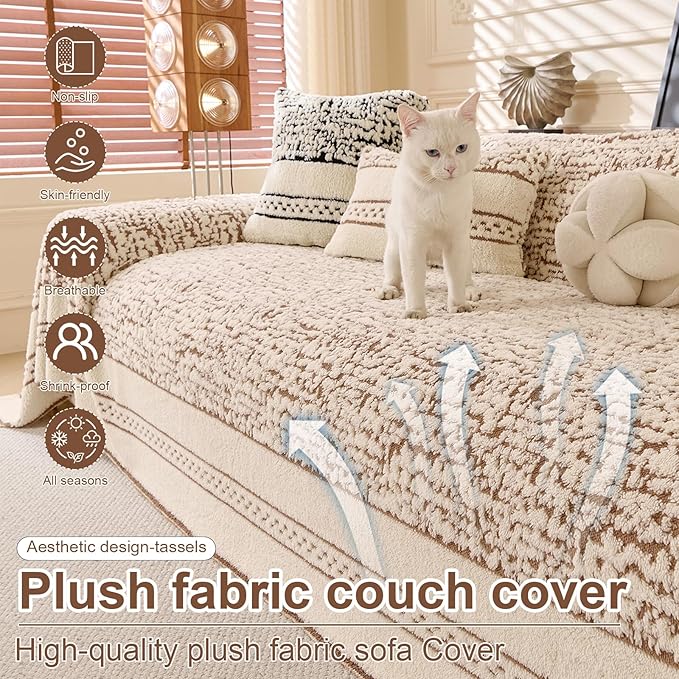 ROOMLIFE Thicked Striped Boho Khaki Couch Cover for 2-3 Cushion Sofa, Fuzzy Plush Warm Sofa Slipcovers Sectional Sofas Covers, Non Slip Washable Furniture Protector Soft with Tassel,Winter 71''X118”