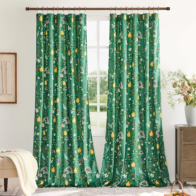MUSSEL Luxury Velvet Floral Curtains 90 inches for Living Room,Dark Green Vintage Victorian Botanical Blackout Curtain Drapes,2 Panels Mid Century Art Deco Bird Flower Window Curtains for Bedroom