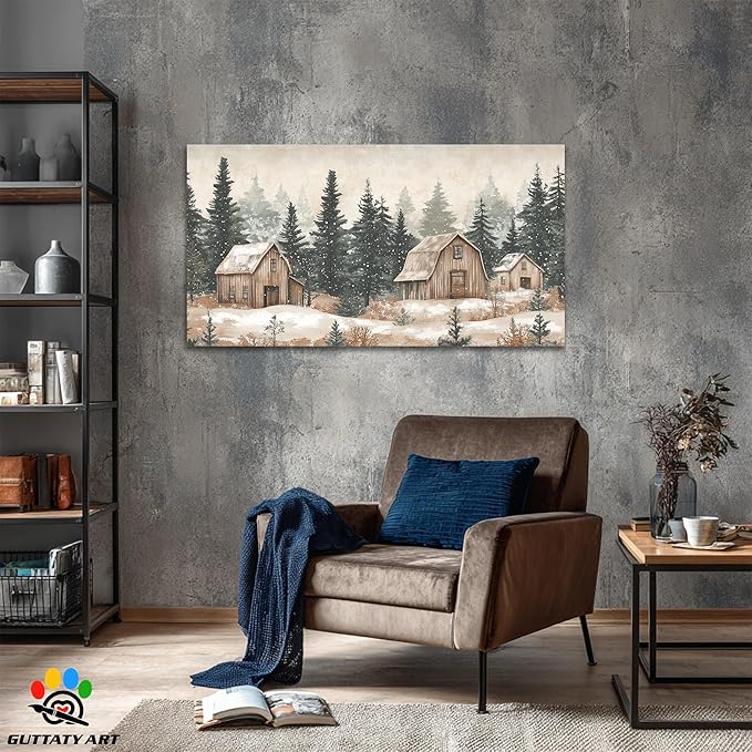 GUTTATY Christmas Winter Scene Canvas Wall Art, Rustic Barn and Forest Wall Paintings, Snowy Holiday Pictures Prints, Cozy Seasonal Canvas Artwork Poster for Living Room Bedroom, 32x16 Inch