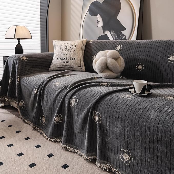 ROOMLIFE Gray Couch Cover Boho Sofa Covers for 3 Cushion Couch Washable, Furniture Protector Sofa Couch Cover for Dogs, Soft Chenille Sofa Slipcover, Couch Throw Blankets with Tassels 71 '' X 134''