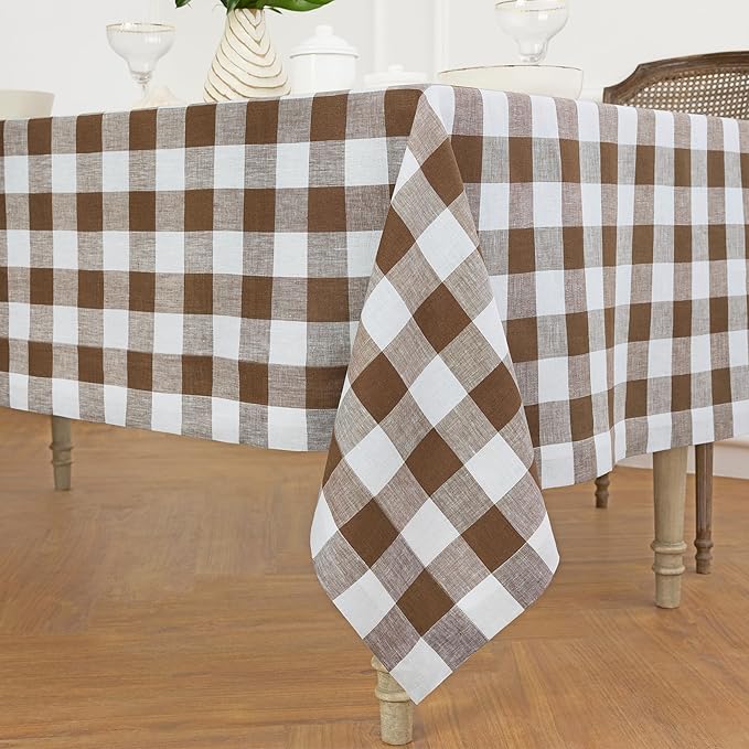 Solino Home Checkered Tablecloth 60 x 144 Inch - 100% Pure Linen Coco Brown and White Buffalo Plaid Table Cloth for Rectangle Tables - Machine Washable Tablecloth for Fall, Autumn, Thanksgiving