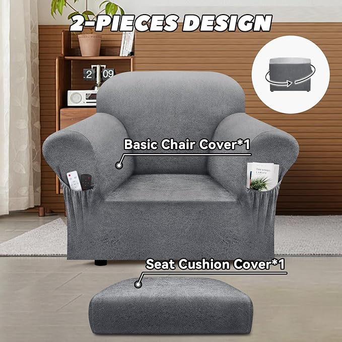 Chair Slipcover with Armrest Pockets 2-Piece Set, Stretch Faux Leather Chair Cover for Armchairs(Fits 31-45") - Non-Slip, Machine Washable, Pet & Kid Friendly - Light Gray