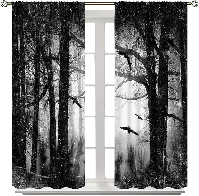 Gothic Forest Blackout Curtains, Foggy Forest Dead Trees Crow Halloween Style Black White Scary Print Window Treatments, for Bedroom Living Room 31.5(W)*63(L) 2 Panels