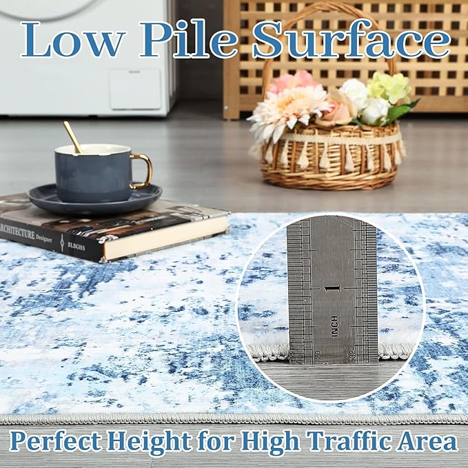 Modern Abstract Area Rug 3x5 Non Slip Non Shedding Rug Low Pile Stain Resistant Rug for Bedroom Living Room,Light Blue