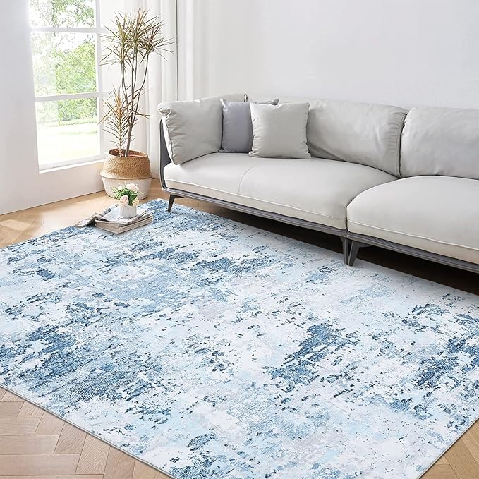 9x12 Modern Abstract Accent Rug for Living Room Stain Resistant Non Slip Low Pile Accent Bedroom Rug Indoor Floor Cover for Office Home Decor, Blue
